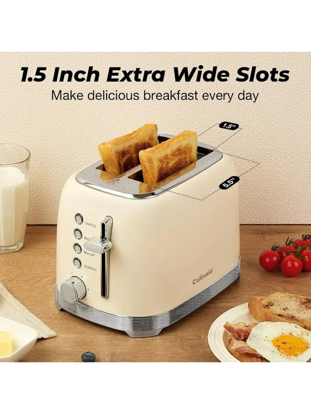 2 Slice Retro Cream Stainless Steel 1.5” Extra Wide Slots with Bagel Toaster